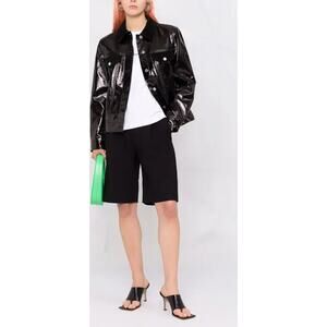 HELMUT‎ LANG Vinyl Spread Collar Button Down Jacket Black Medium Patent Leather